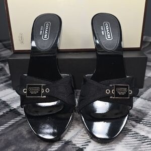 Coach Black Signature Print Mule Sandals with Logo Buckle
